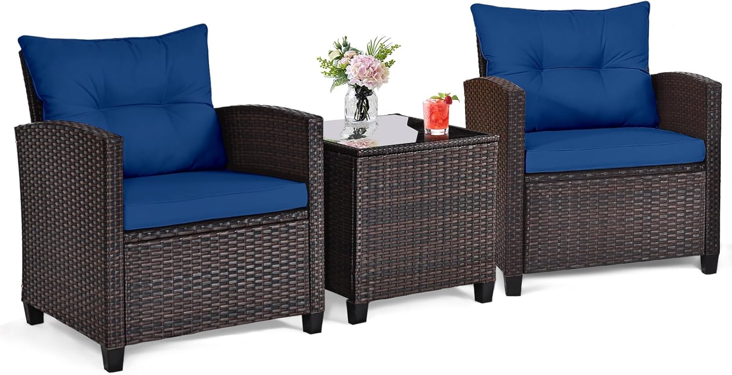 Navy blue rattan wicker 3-piec - огляд і ціна Outdoor Furniture Cushion