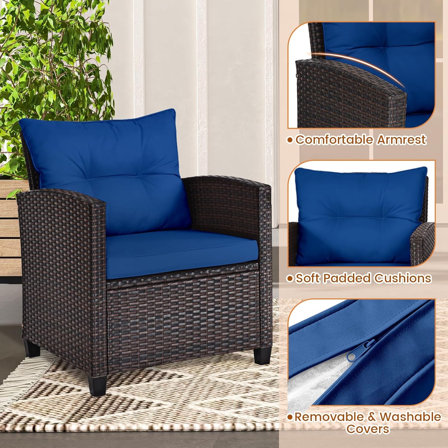 Navy blue rattan wicker 3-piec - огляд і ціна Outdoor Furniture Cushion